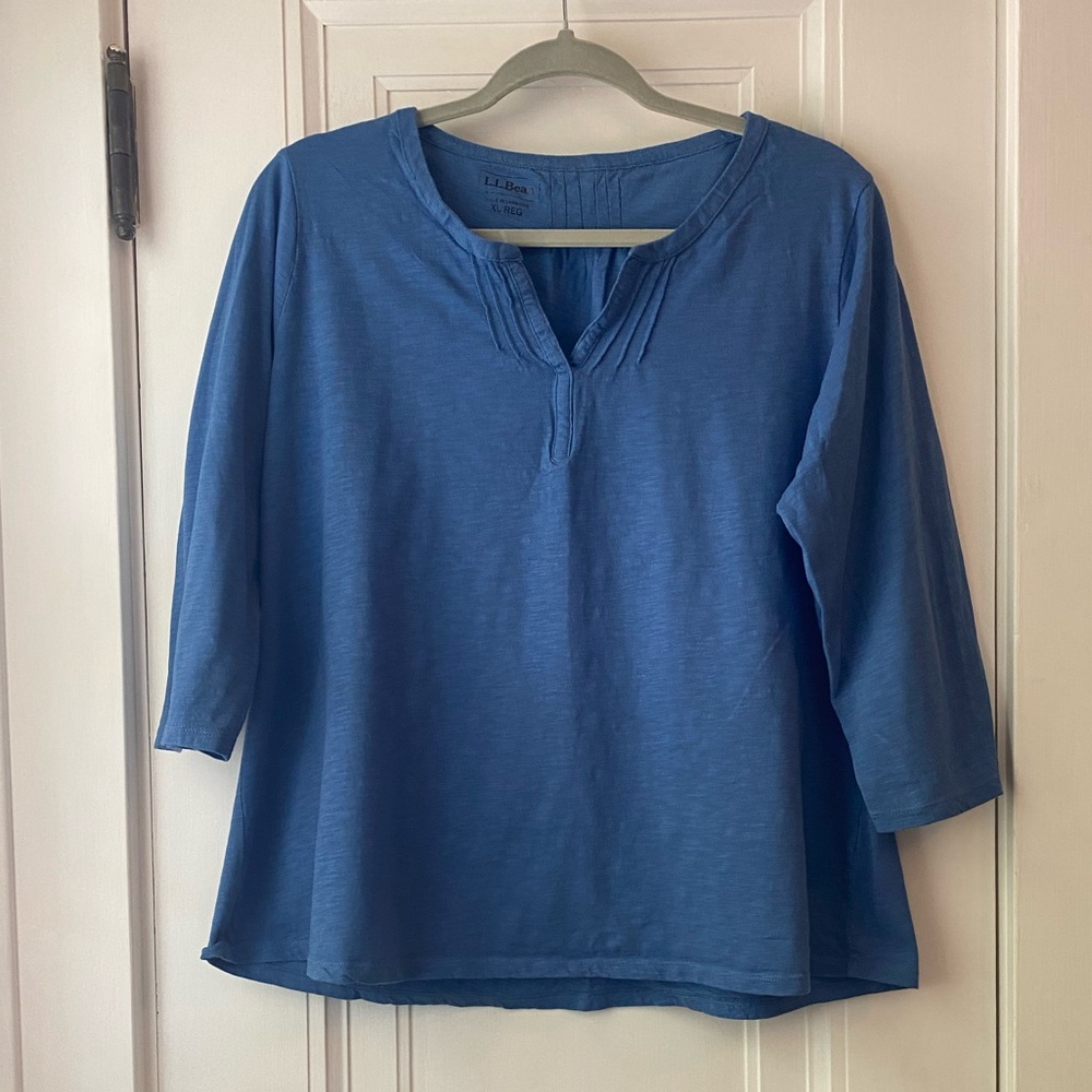 Ll Bean lake blue 3/4 sleeve organic cotton tee pintuck notch neck XL
